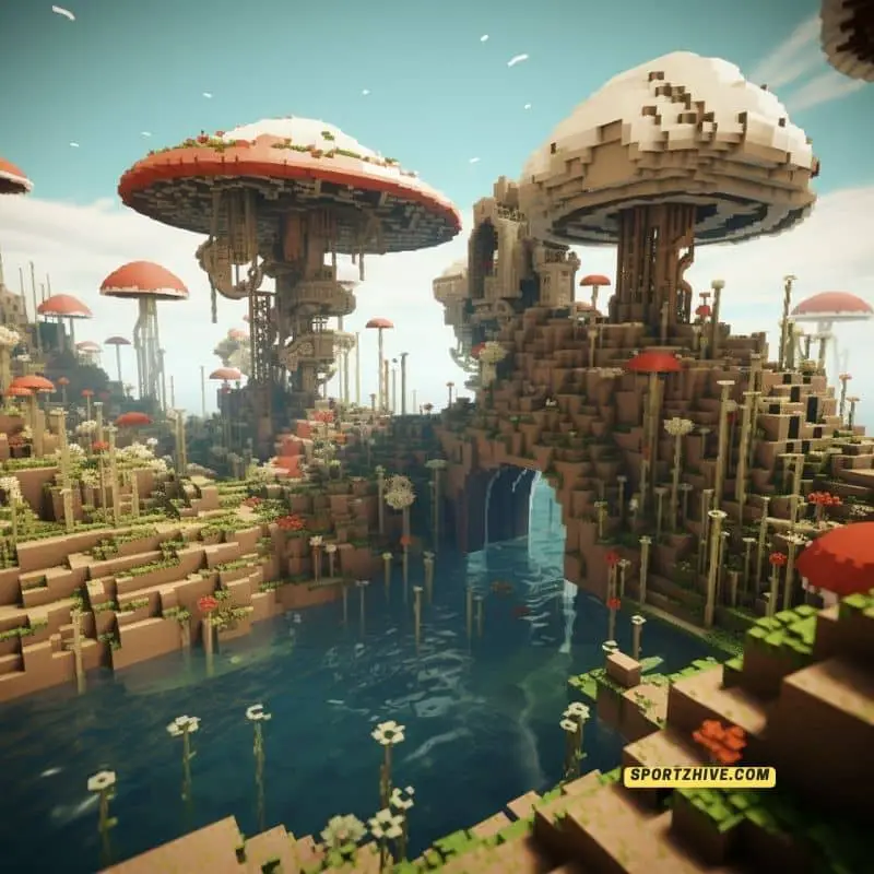Mushroom biome and shipwreck in Minecraft